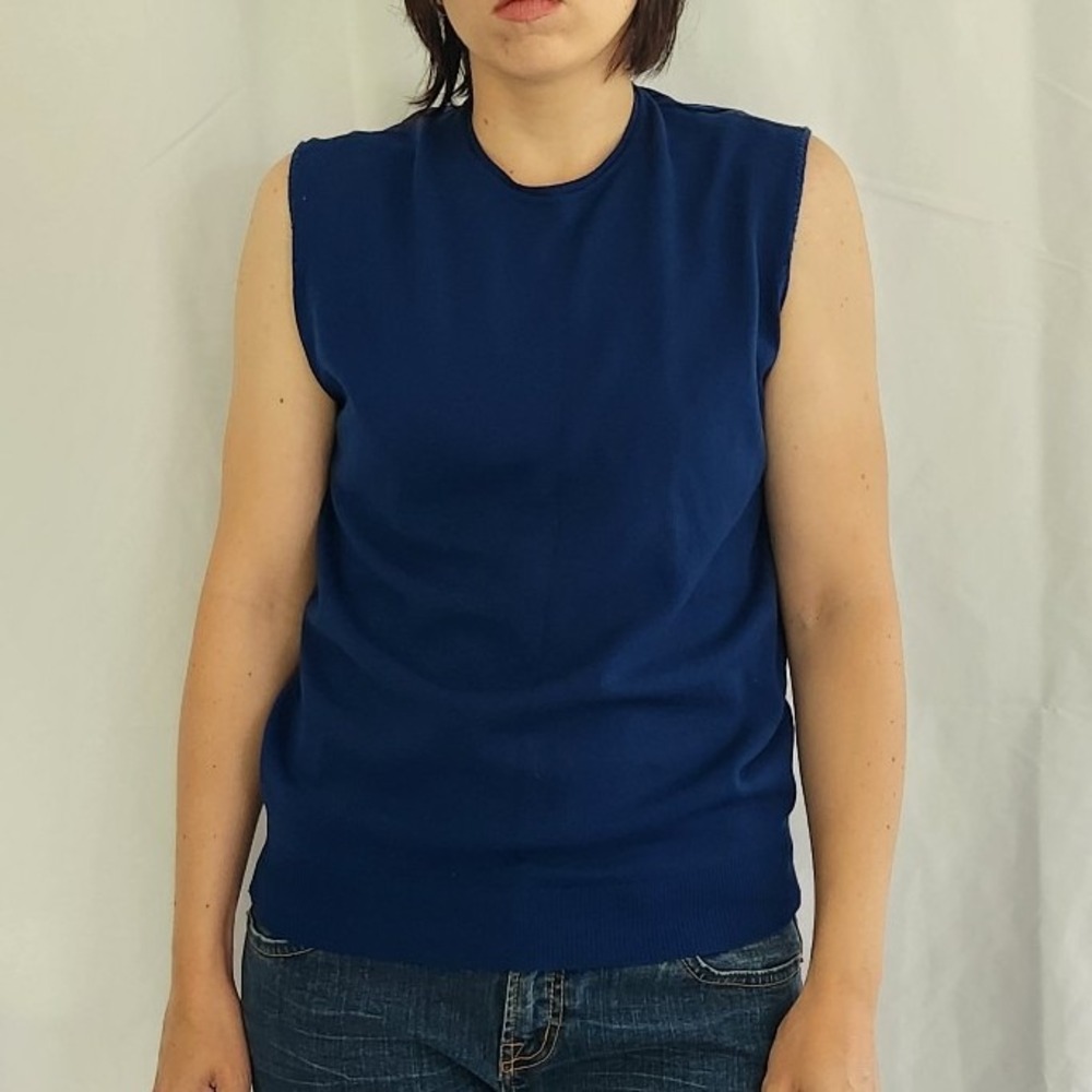70s Blue Polyester Sleeveless‎ Blouse